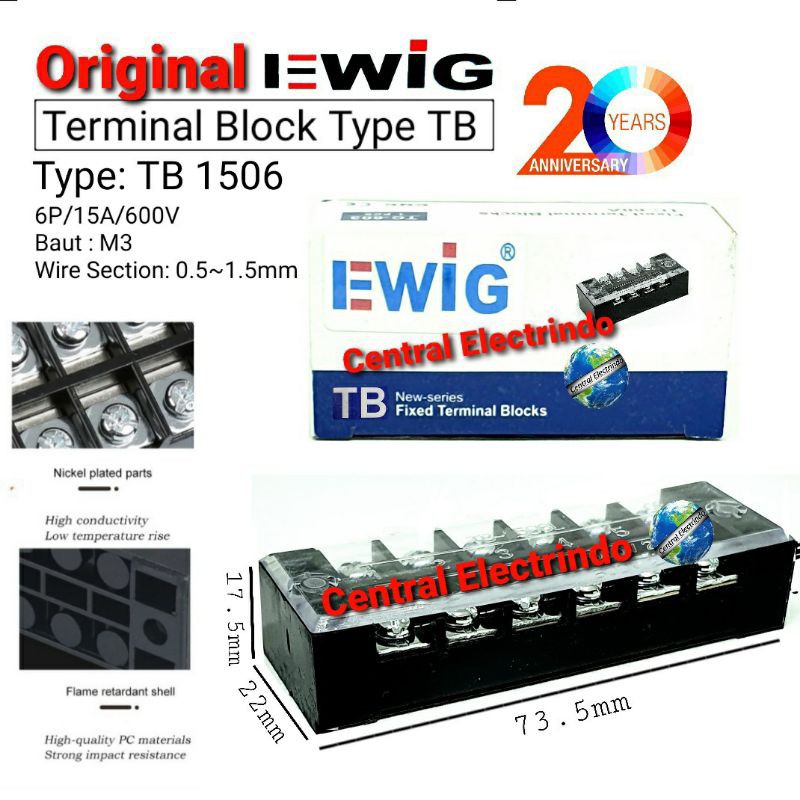 Terminal Block Blok 15A 6P (TB 1506) EWIG.