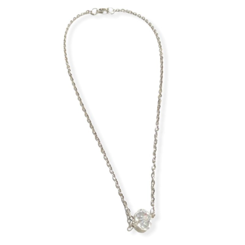 Kalung Rantai Korea White Diamond Crystal Beads Silver Berkilau Korean Necklace