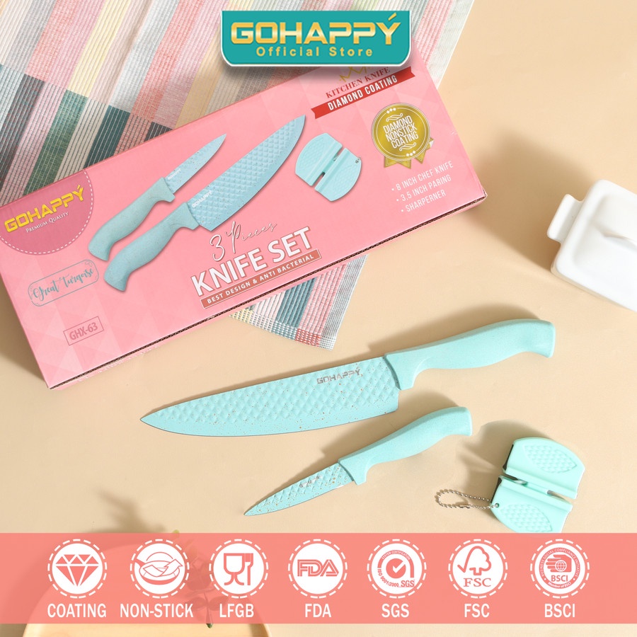 PISAU SET DAPUR DIAMOND Non-stick knife set 3 pc GOHAPPY SHARP