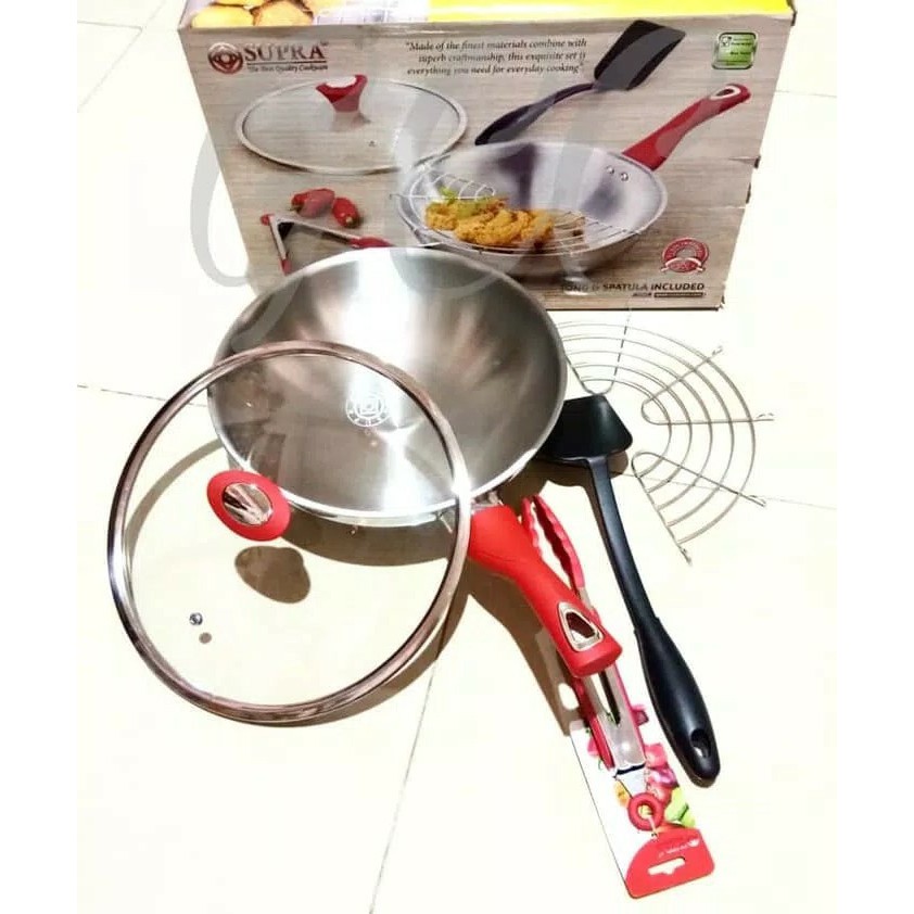 SUPRA Stir Wok 28 cm 5 Pcs Stainless Tutup Kaca Wajan Saringan Spatula