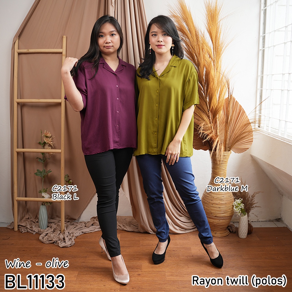 Kemeja wanita Rayon motif kemeja wanita lengan pendek casual BL11133 11133-OLIVE (POLOS)