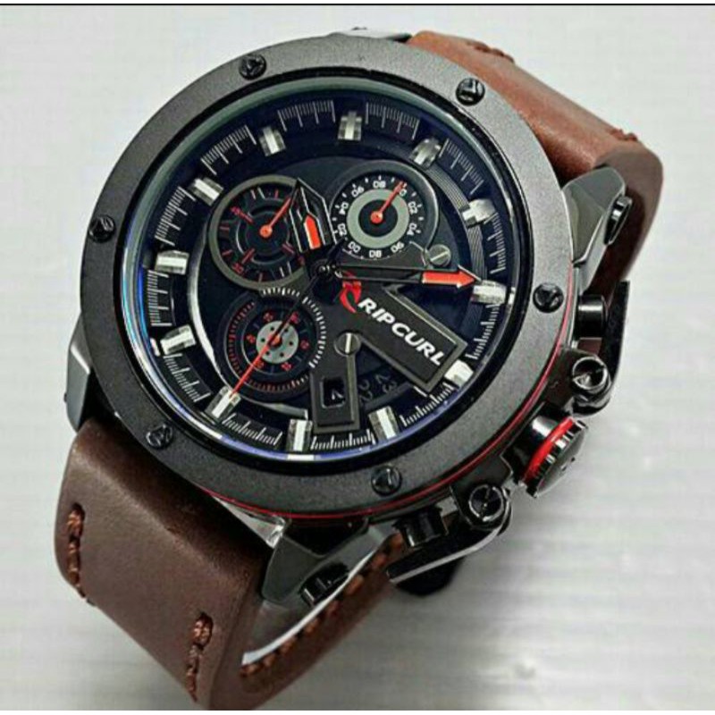 Jam Tangan Pria Ripcurl 2751 Tali Kulit Crono Tanggal Aktif - Free Box Batre Cadangan Original