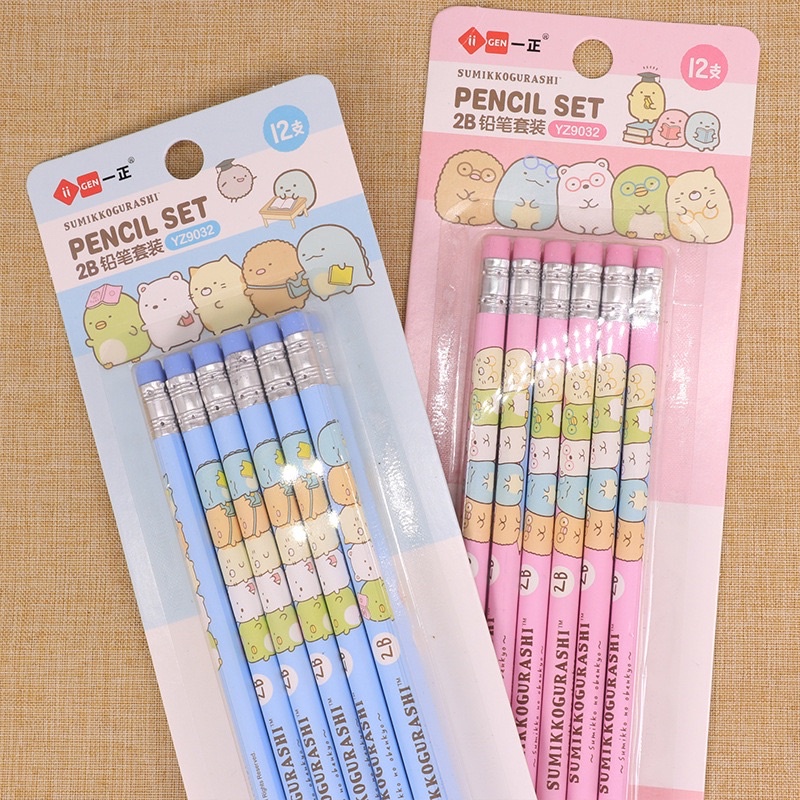 KENSHO Pensil Kayu Set 2B Sumikkogurashi Isi 12 Warna Pastel / Pencil Lucu Import