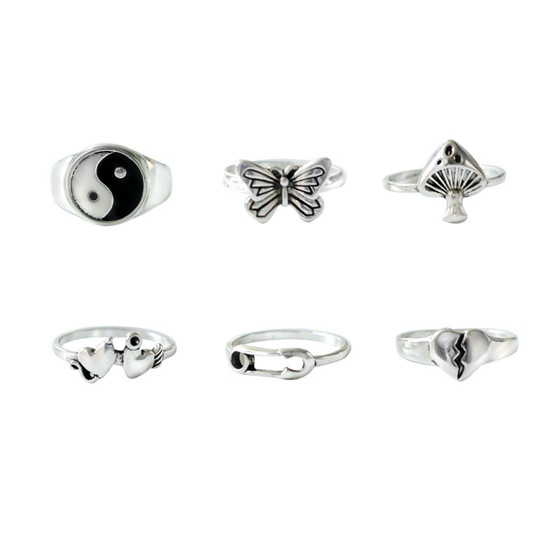 Fancyqube Cincin Desain Kupu-Kupu Hati Dan Bunga Warna Silver Gaya Vintage Gothic Untuk Wanita