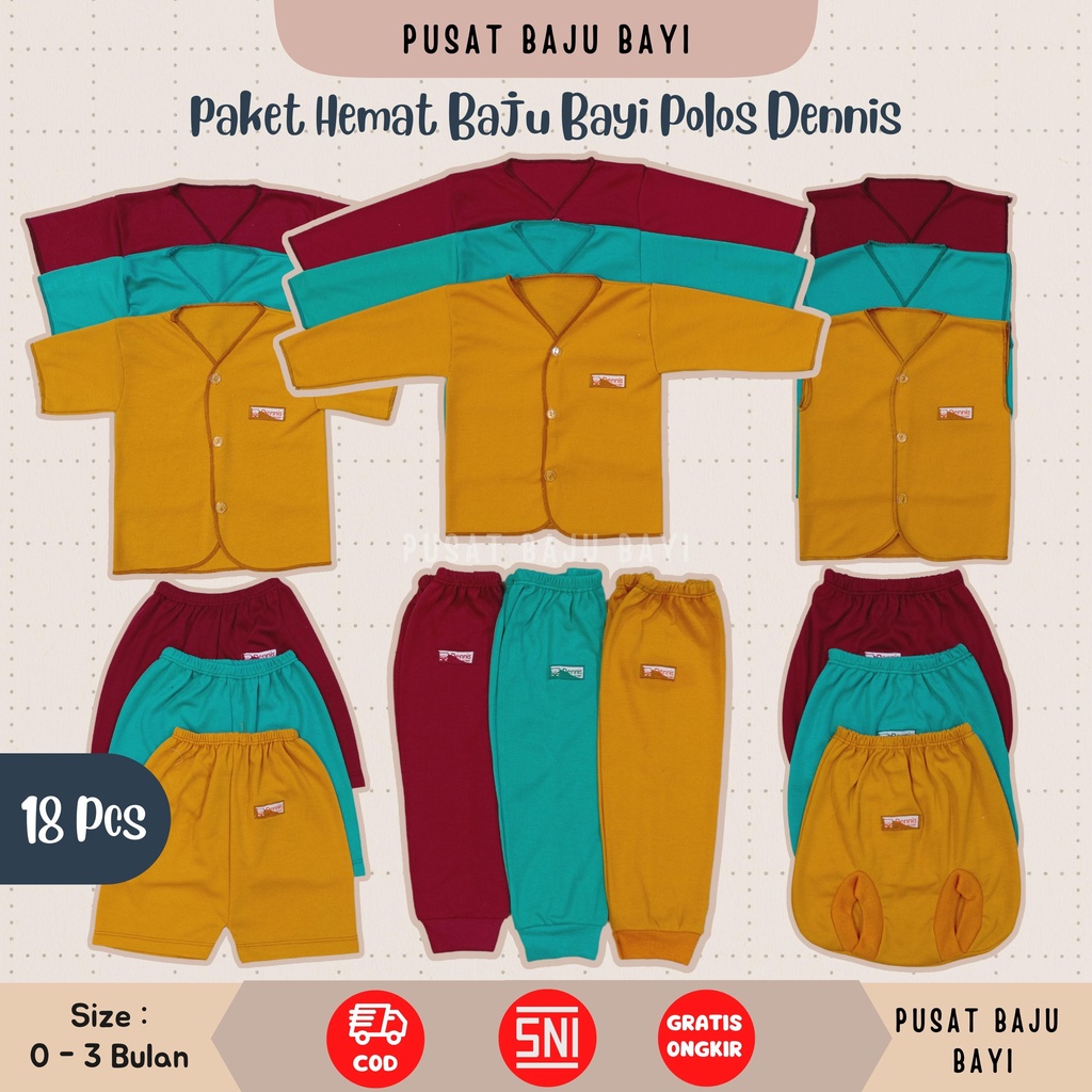 Paket Hemat Baju Bayi Polos 18 pcs merk SNI DENNIS BABY WEAR