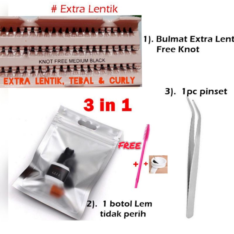 Eyelash Extension Paket Bulumata Tanam Extra lentik 5-in 1 Plus Lem Tidak Perih Tahan Lama Free Sisir Dan Cincin