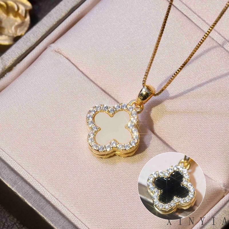 18K Kalung Titanium Anti Karat Rantai Kalung Rantai Liontin Daun Clover Hias Zircon Aksesoris Wanita