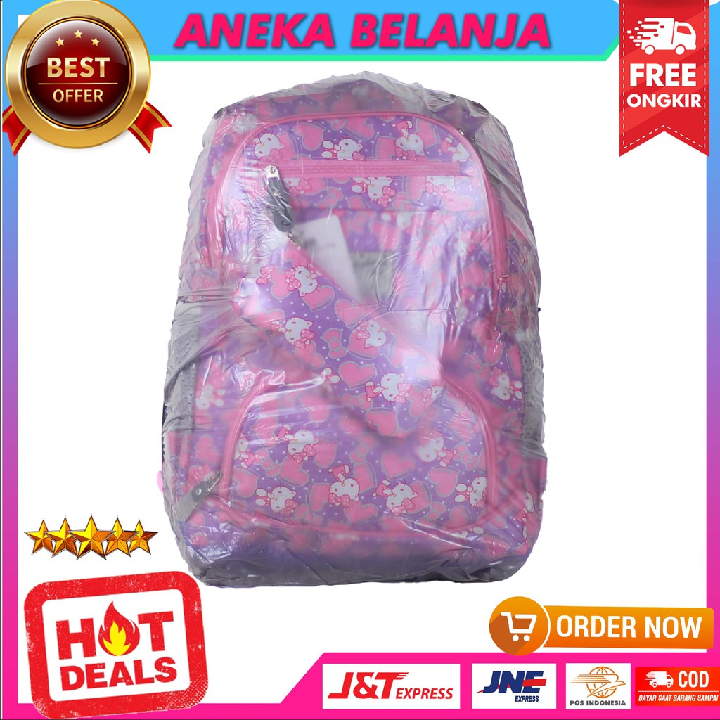 PROMO HARGA 61.999 Tas Sekolah Anak Perempuan Motif Cahaya Hello Kitty Pink Ungu Terbaru Ransel Anak Cewek TK SD SMP Stylish Free Raincover Dan Free Tempat Pensil Murah Kekinian Tas Gendong Anak Fashionable Ngaji LES TPQ  Bahan Tebal Kuat Berkualitas