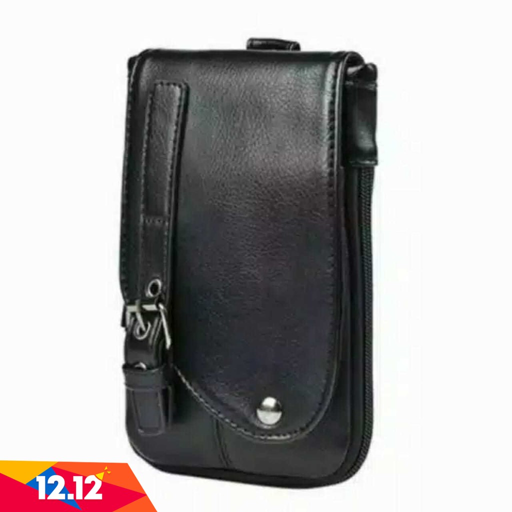 TAS PINGGANG SELEMPANG KECIL PRIA KULIT TAS HP SMARTPHONE 5,5 INCHI BLACK IMPORT