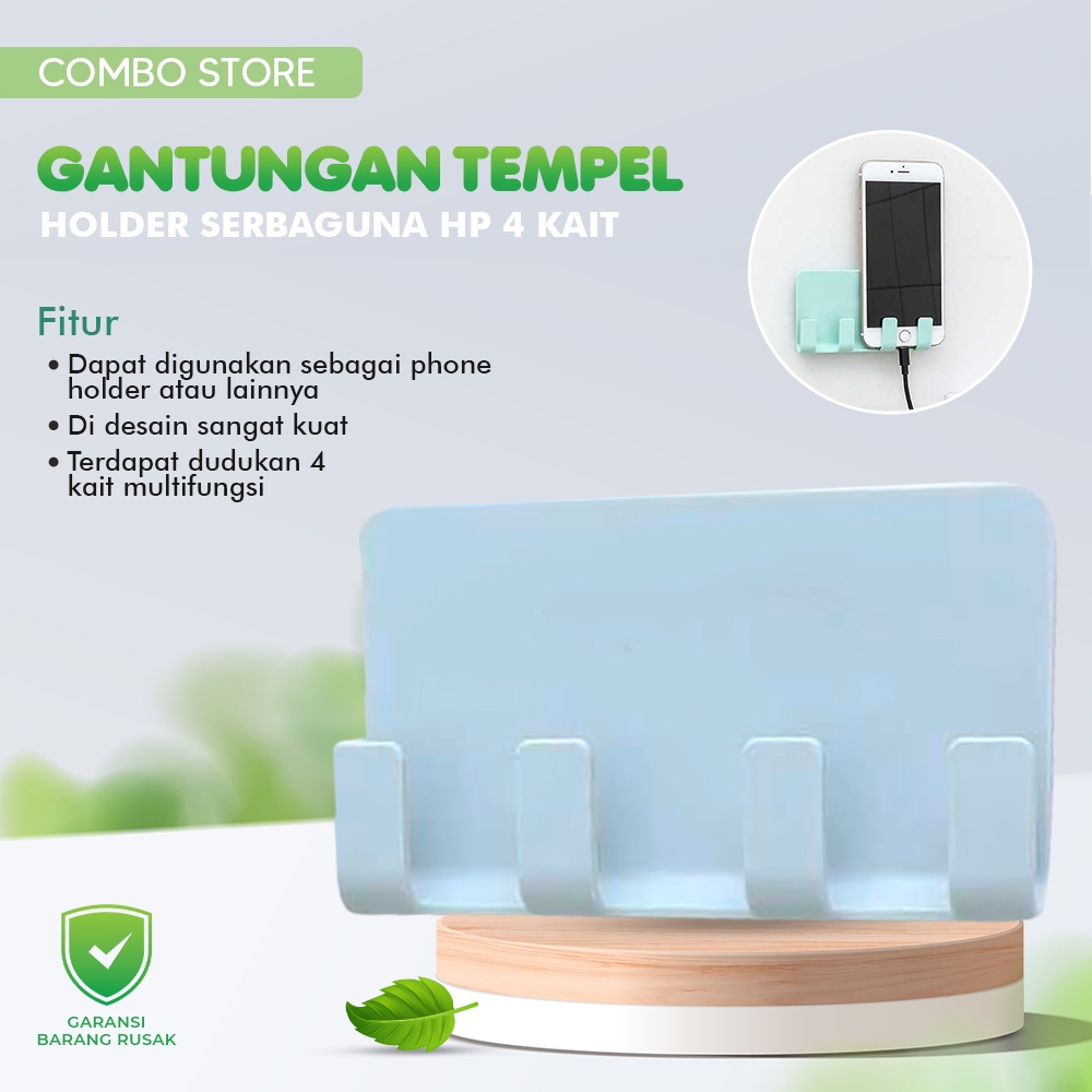 Gantungan Dinding Tempel Serbaguna Holder Tempat HP Smartphone 4 Pengait