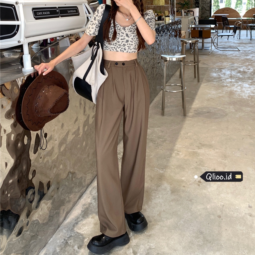 Celana Panjang Kasual Khaki Wanita Loose Minimalis Basic Color High Waist Straight Pants