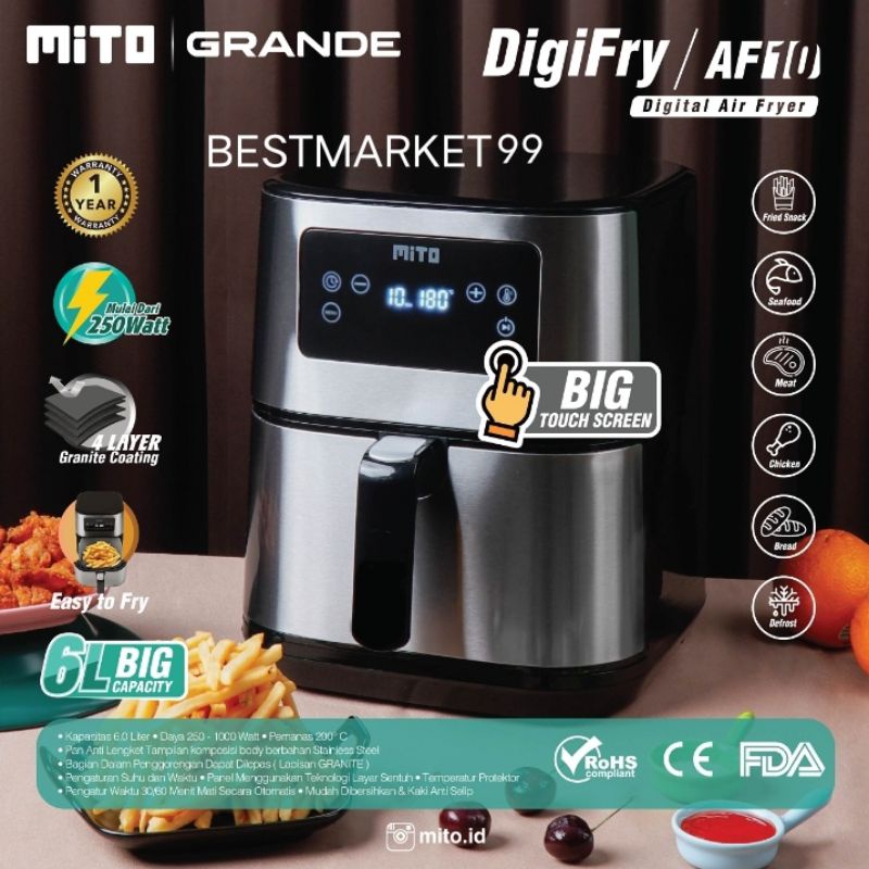 MITO AF 10 DIGITAL AIR FRYER AF10 GRANDE BIG CAPACITY 6 LITER FREE PAKING AMAN BUBLE WRAP + DOBEL KARTON