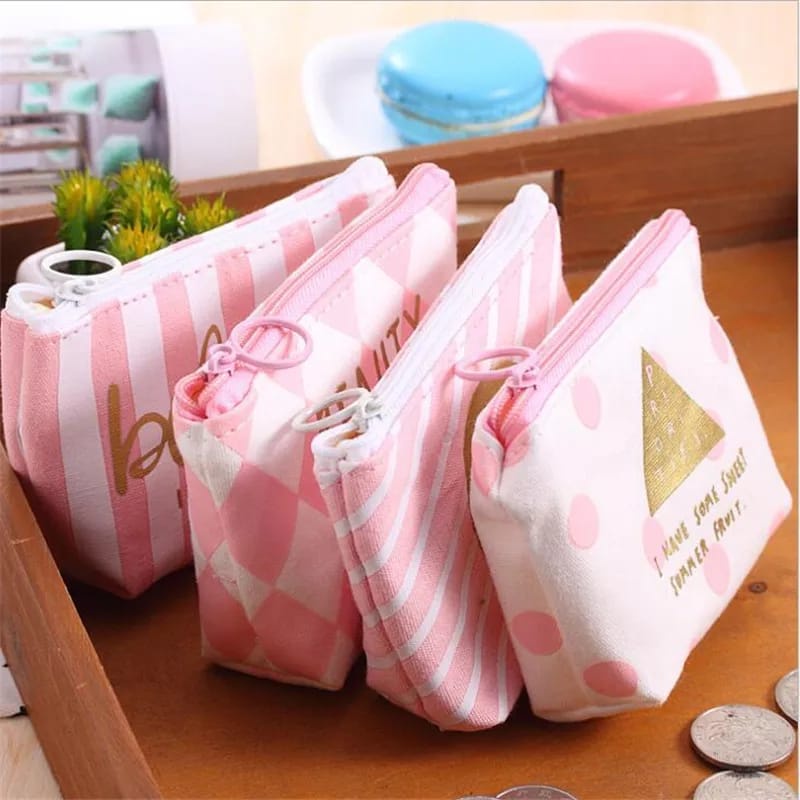 Dompet Koin Mini Cute Pink Resleting Bahan Kanvas Dengan Resleting / Dompet Kecil Untuk Uang Koin