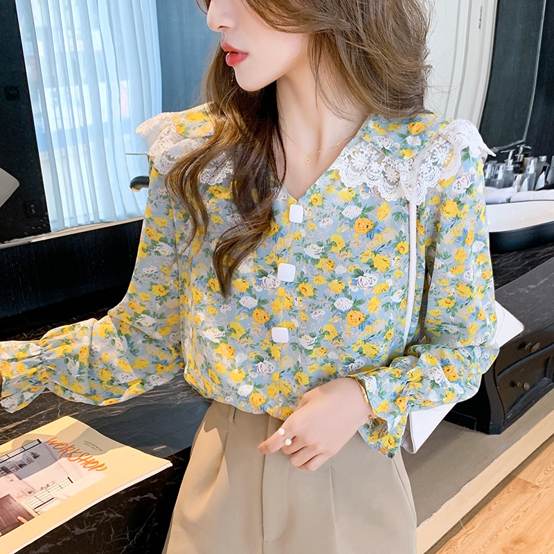 Fashion Korean Chiffon Floral Long Sleeve Shirts Orange Green Women Blouse Tops Pakaian Serban