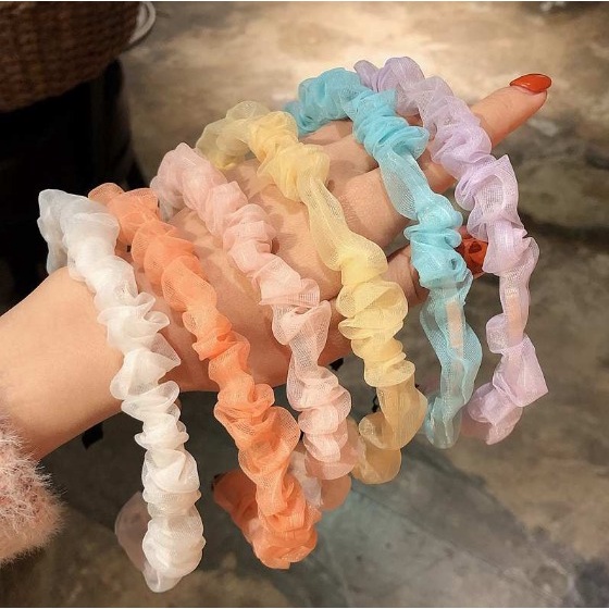 BANDO KERUT PASTEL - BAHAN SIFON ALA KOREA - Bando Scrunchie Motif Polos Glitter