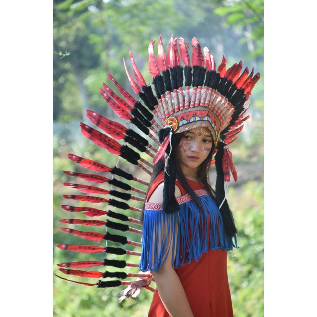 TOPI INDIAN - INDIAN HEADDRESS MEDIUM ANGSA MONTE MERAH TUTUL FUR HITAM