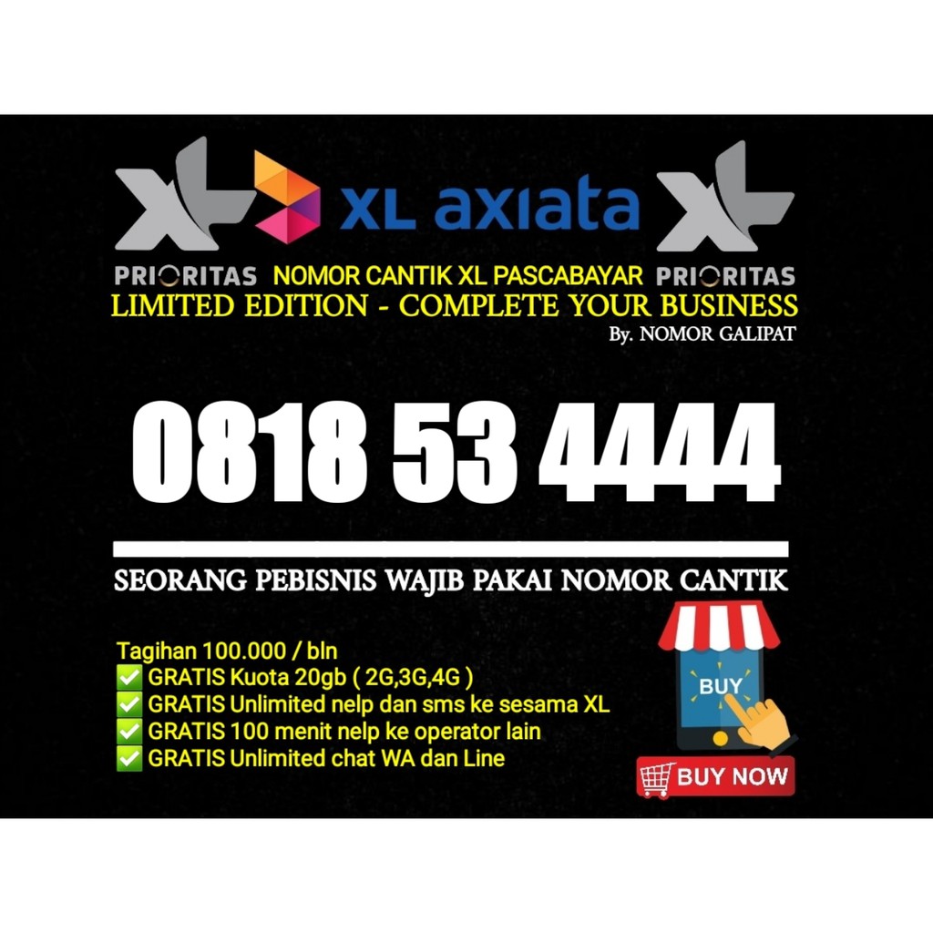 NOMOR CANTIK XL-AXIATA 10 DIGIT PRIORITAS PASCABAYAR SERIES KWARTET 08185 34444