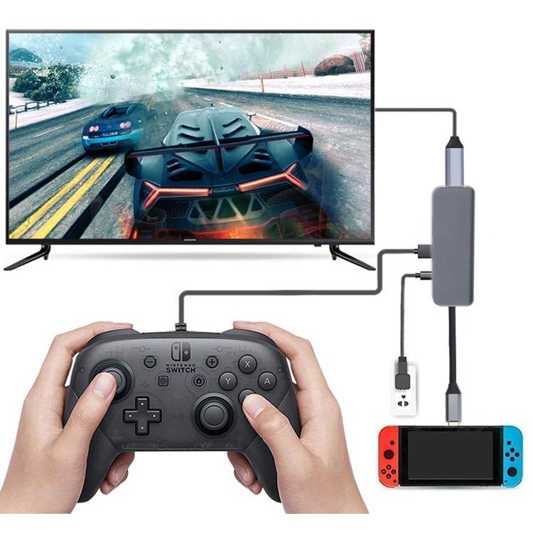 USB C HUB  OTG 4 in 1 Adapter Type C Dock Station to USB 3.0 Adaptor PD Fast Charge HDMI High Speed VIRAL MULTIFUNGSI NETFLIX PS3 PS4 PS5 NITENDO SWITCH