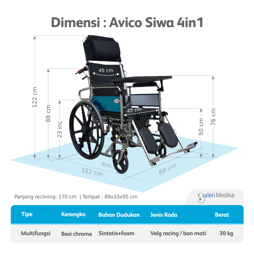 Kursi Roda 4in1 Avico Siwa - Kursi Roda Multifungsi (Makan, Berbaring, Selonjoran, BAB, Kursi Roda)