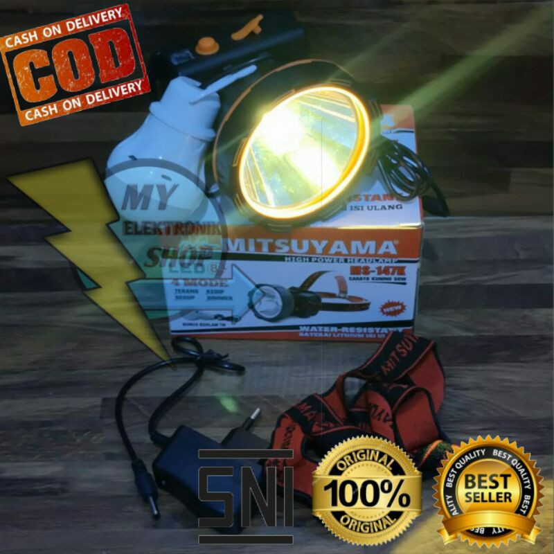 Senter Kepala 50Watt LED Cahaya Kuning MITSUYAMA Headlamp LED 50W Senter kepala Dimmer Water Resistant Ms-147K Free bohlam