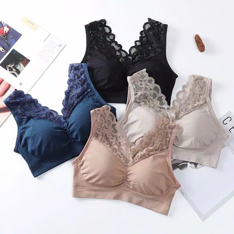 Bra Wanita TN50 dengan Model Renda Tanpa Kawat dan Bahan Lace Bergaya Korea Amerika