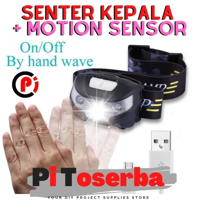 Senter LED Kepala Headlamp Rechargeable USB + Motion Sensor CREE 3W