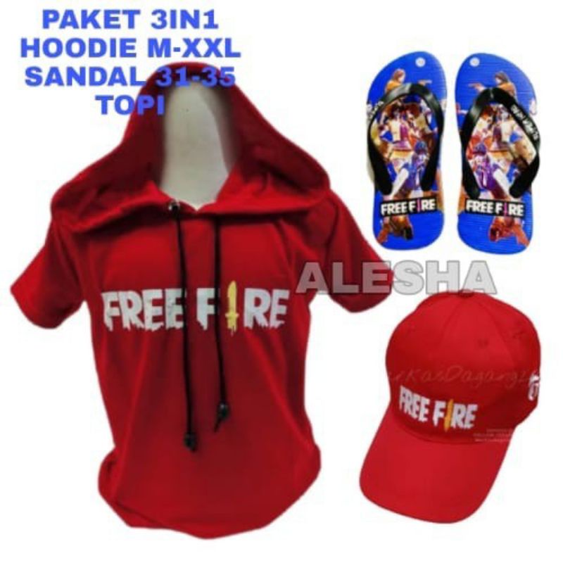 baju anak usia 2-10 tahun, topi dan sendal karakter Free fire boboiboy 3in1