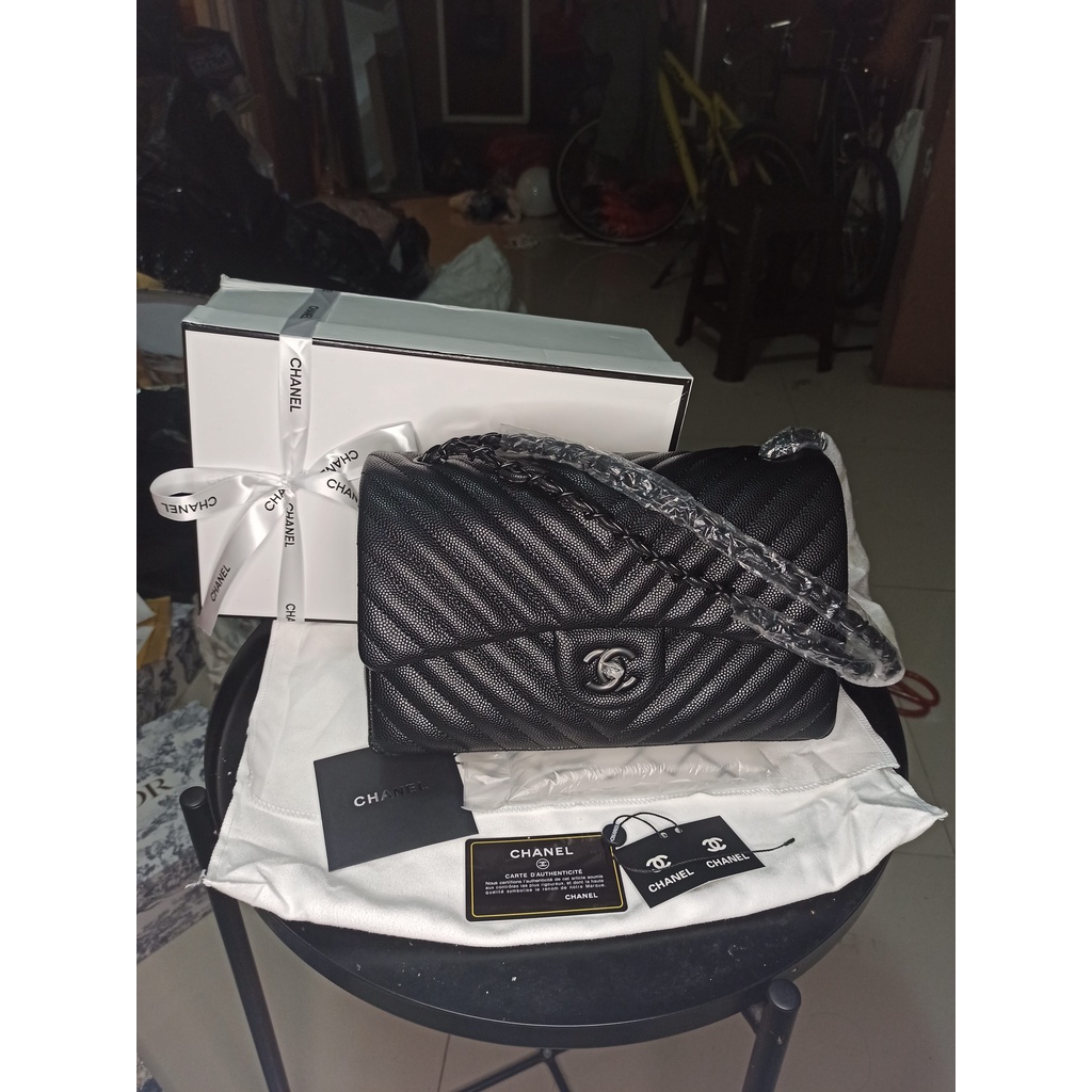 Tas Wanita Import Channel Caviar Chevron 28 Matte Black Mirror 1:1 Free Box Bill Sertificat Nomor Se