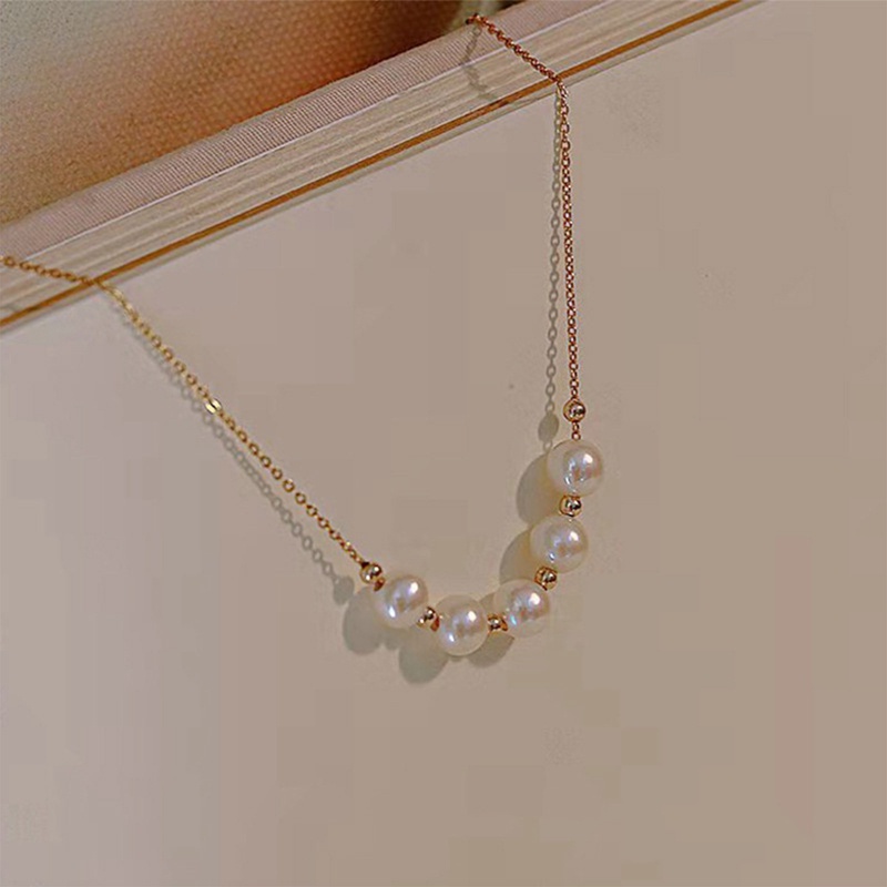 Kalung Rantai Klavikula Hias Manik-Manik Mutiara Warna Silver Emas Untuk Wanita