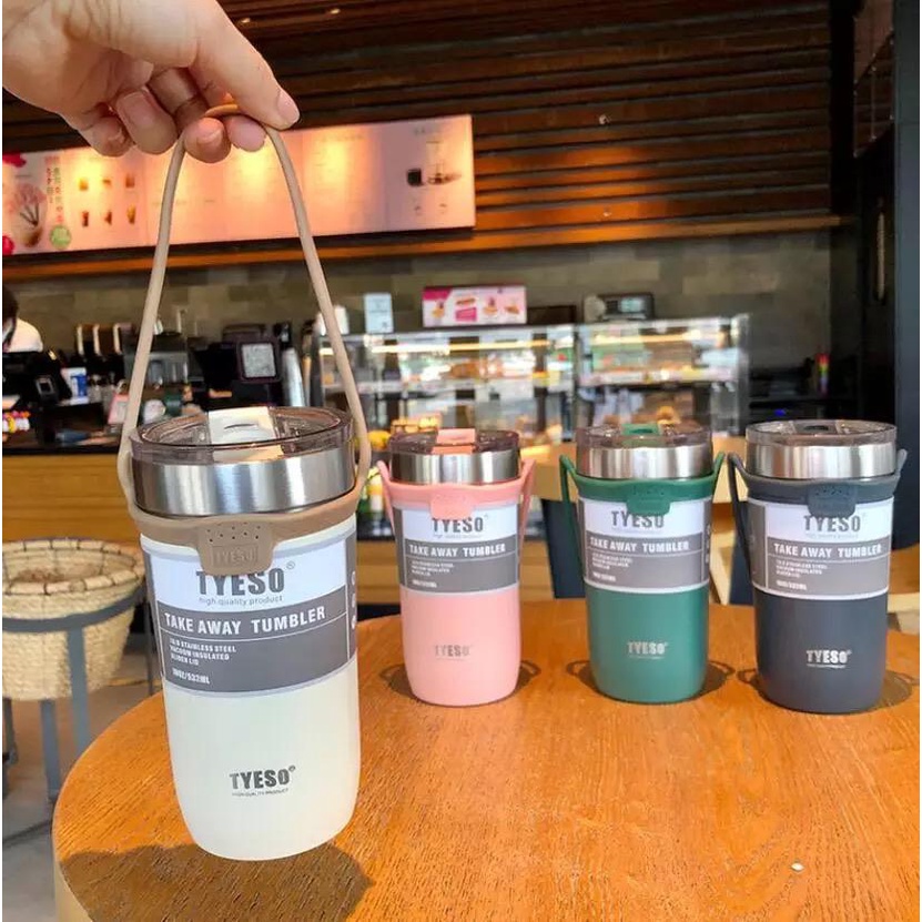 tyeso take away tumbler 100% ORIGINAL free sedotan double vacuum stainless steel coffee thermos with rope handle / botol minum portable premium quality / coffee tea tumbler