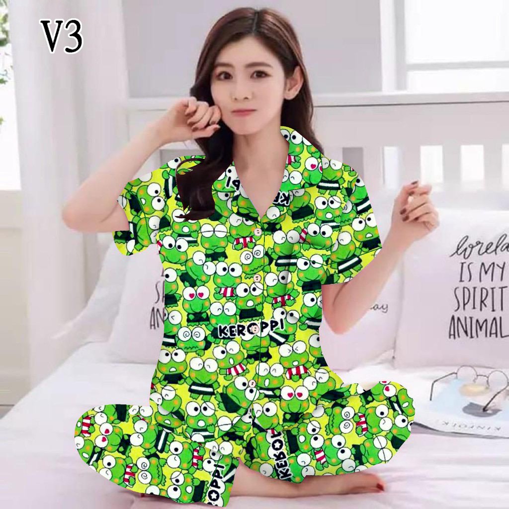 BJ - Piyama CP Wanita Murah - Bahan Katun - Baju Tidur Lengan Pendek Motif Karakter-Keroppi Tumpuk