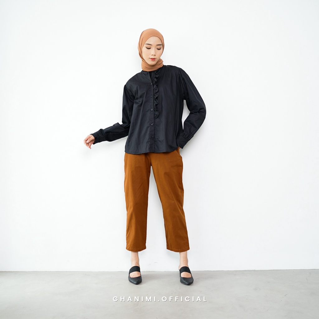 Ghanimi - Merisa Shirt / Kemeja Panjang Basic Wanita / kemeja kerja casual formal lengan panjang wudhu friendly / atasan kemeja kancing ruffle polos simple murah