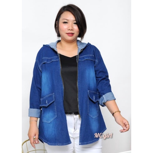 MC girl - Jaket Jeans Resleting Topi Jumbo Wanita / Jas Lepis Sleting Hoodie / Jaket Denim Kupluk Big Size