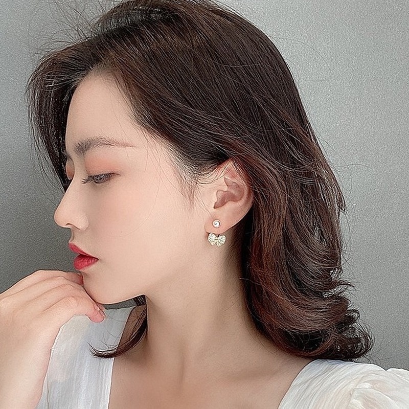 Korean temperament diamond-studded bow fashion pearl stud earrings