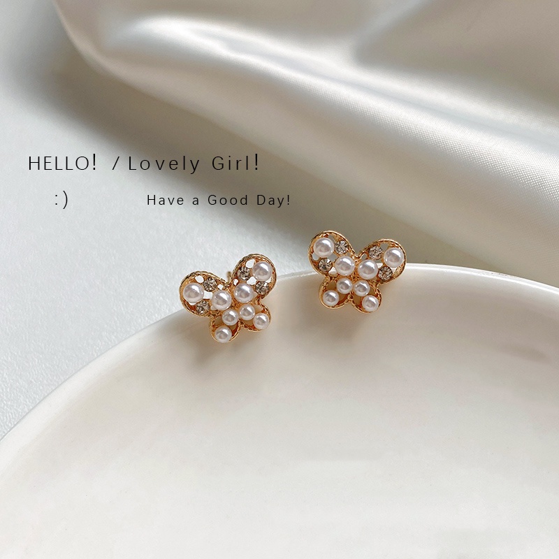 Mini Cute Pearl Butterfly Gold Plated Earrings Ear Studs for Lady Girls