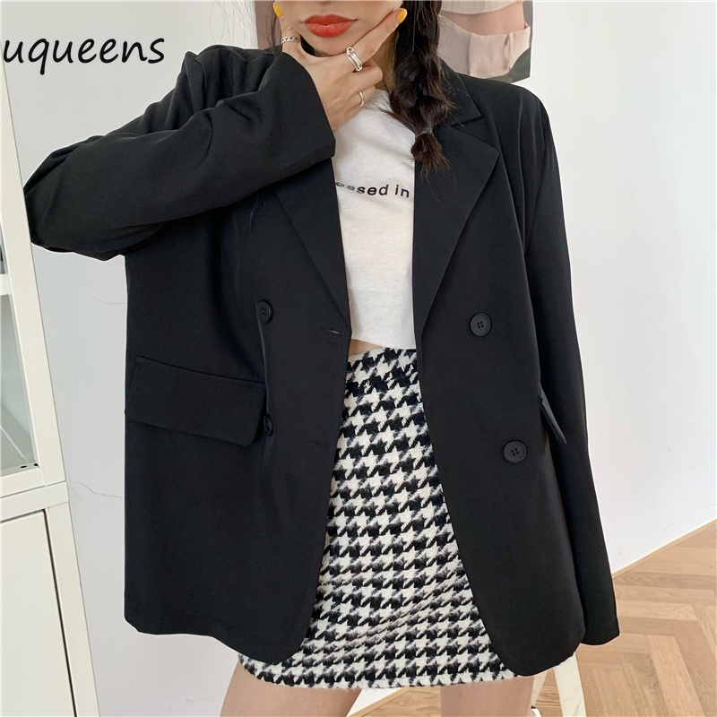 Blazer Warna Solid Longgar Kasual Lengan Panjang berkualitas baik