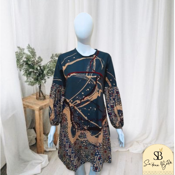 Atasan tunik batik wanita termurah baju kantoran kerja blouse batik solo - 06 NAVY BALON
