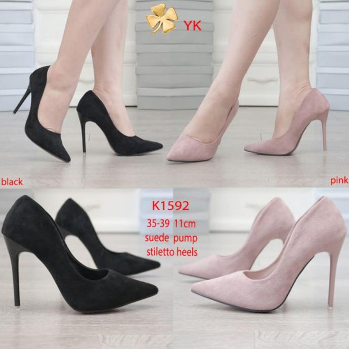 YKshoes 1592 heels 11cm sepatu hak pump black beige pink suede pantofe