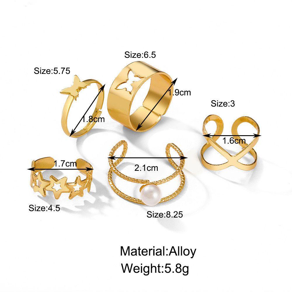 Preva 5pcs/Set Cincin Mutiara Set Wanita Perhiasan Emas Geometris Alloy Butterfly