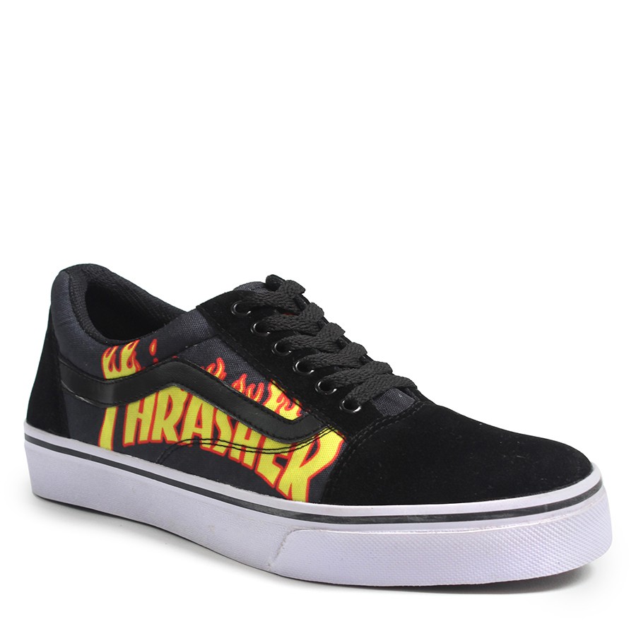 SM88 - BIG SALE Sepatu Pria Sneakers Cowok Vans Oldskool Motif Tharasher Hitam Kasual Sekolah Kuliah