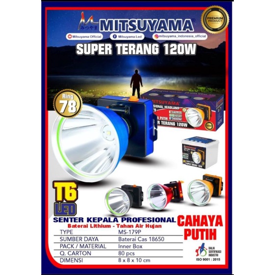 Senter Kepala Led Jumbo Cahaya Putih 120w Tahan Air Hujan Mitsuyama 179P