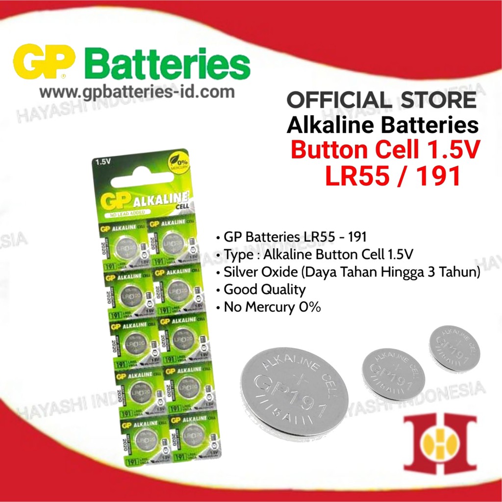 Baterai Kancing 191 / LR55 / V8GA Alkaline GP Original isi 10 Pcs