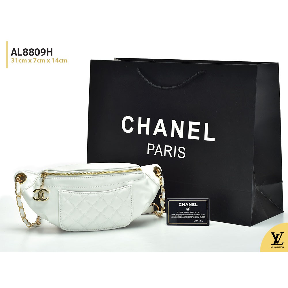 Tas Pinggang Chanel Waist Bi Classic Lambskin Quilted Putih 8809