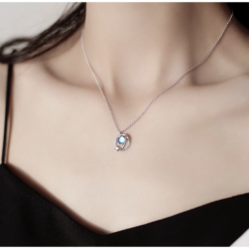 [1 PCS] Kalung Chain Necklace Planet Blue Crystal Sapphire Clavicle Pendant Necklace Fashion Jewelry