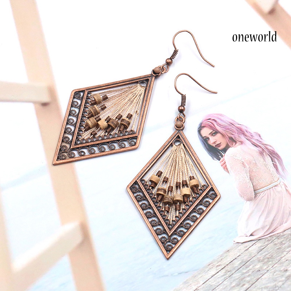 OW@ Bohemian Women Hollow Rhombus Pendant Thread Dangle Drop Hook Earrings Jewelry