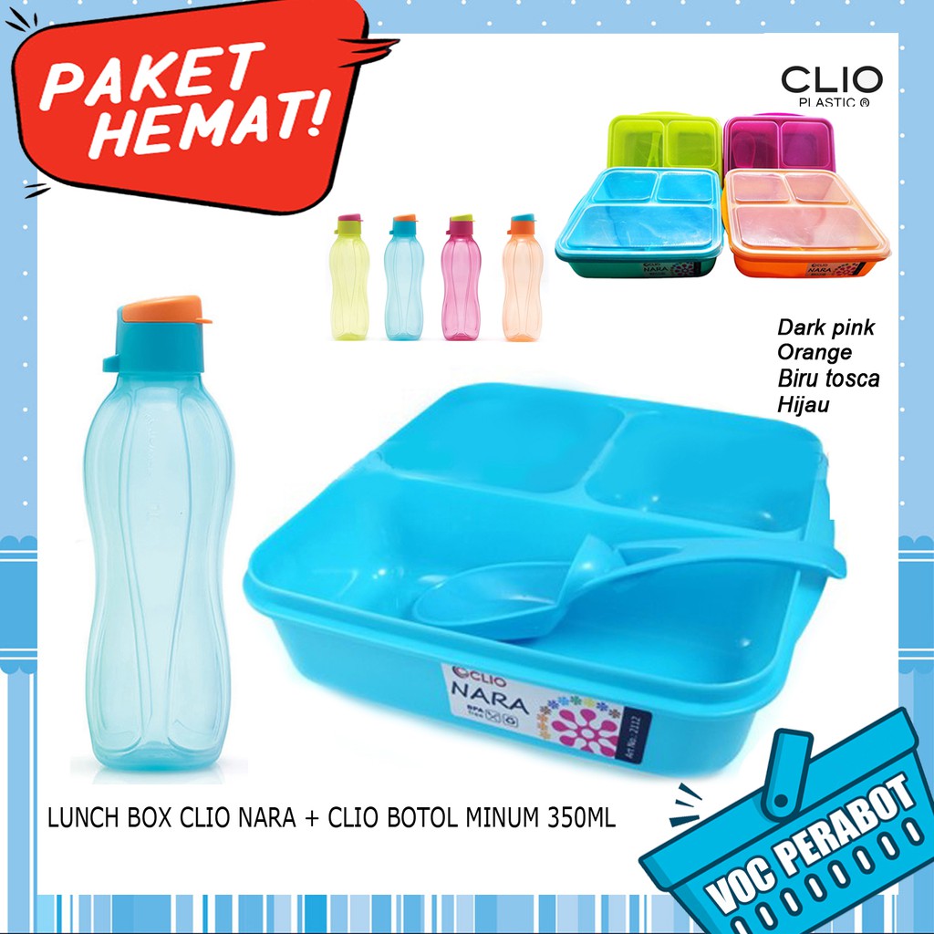 PAKET HEMAT LUCH BOX CLIO NARA + BOTOL MINUM CLIO TUTUP PUTAR 350ML - PERABOT