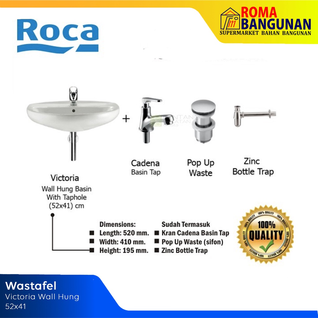 Roca Wastafel Victoria Wall Hung 52x41 Complete Set