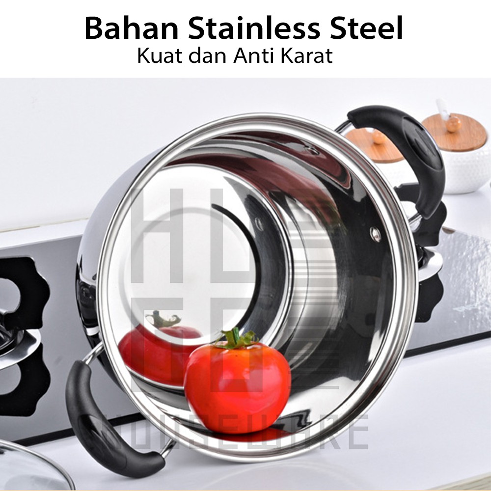 Panci Susu Kuping Dutch Oven Tutup Kaca Stainless Steel Ukuran 26-30cm