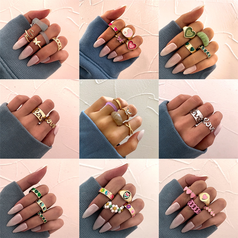 Retro Women Pearl Gold Silver Ring Set Butterfly Love Heart Finger Rings Fashion Resin Ring Jewelry Accessories