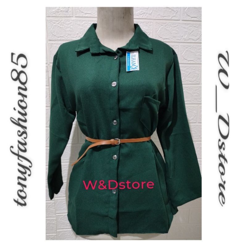 Kemeja Wanita Atasan Blouse Casual Polos Lengan Panjang Kekinian Bahan Moscrep Free belt model Korea-7